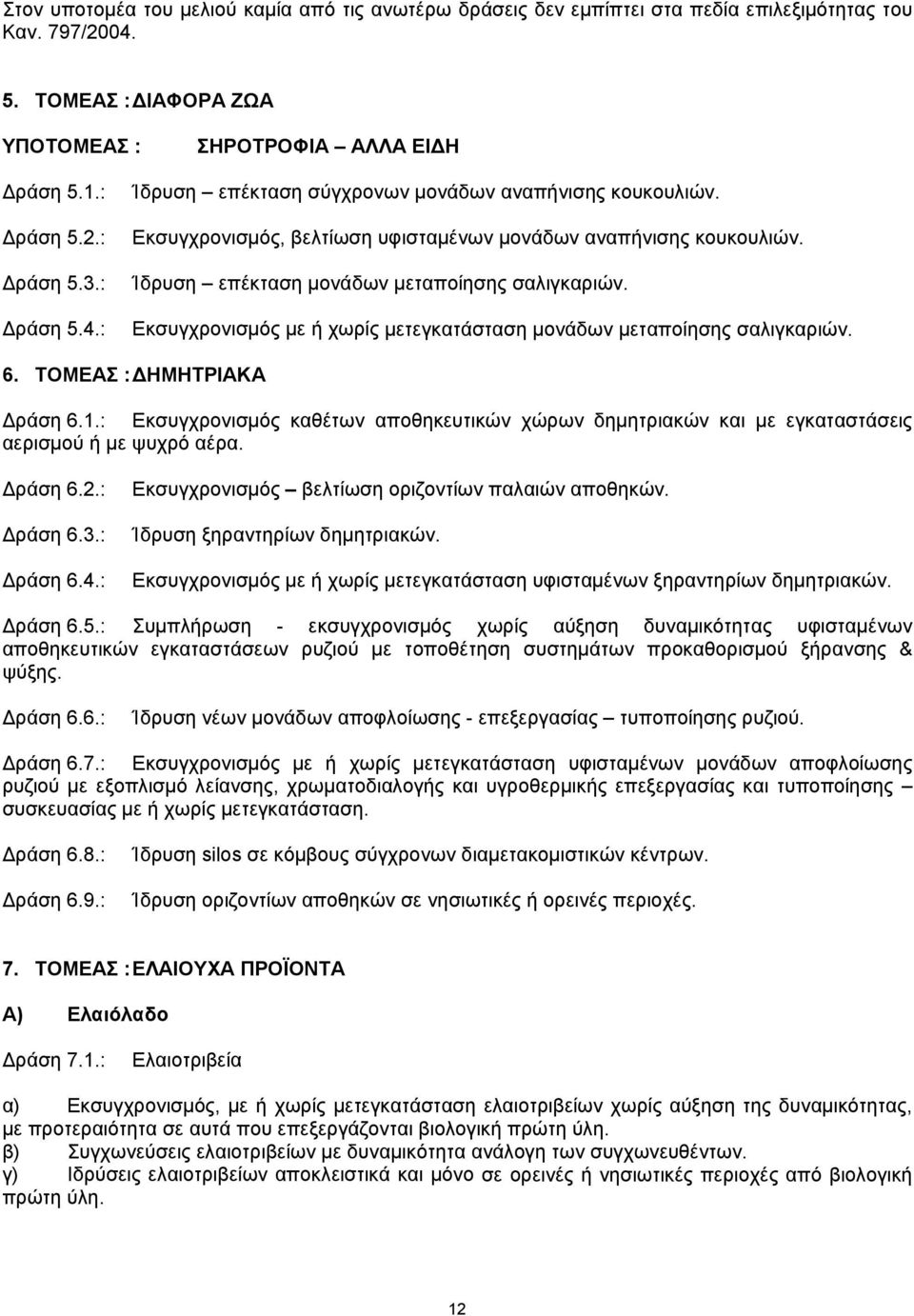 Εκσυγχρονισμός με ή χωρίς μετεγκατάσταση μονάδων μεταποίησης σαλιγκαριών. 6. ΤΟΜΕΑΣ : ΔΗΜΗΤΡΙΑΚΑ Δράση 6.1.