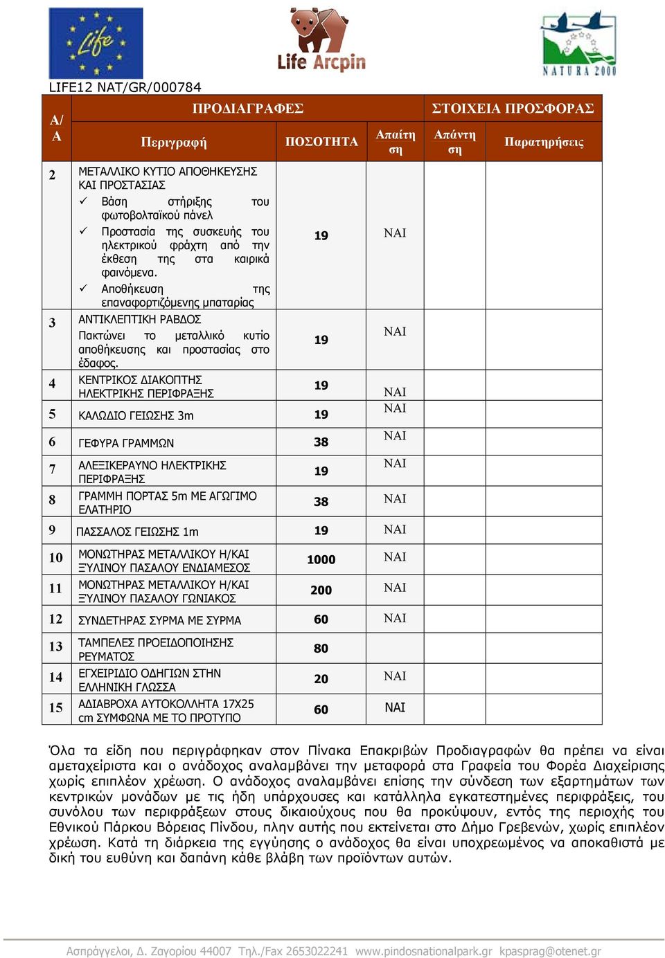 4 ΚΕΝΤΡΙΚΟΣ ΙΑΚΟΠΤΗΣ ΗΛΕΚΤΡΙΚΗΣ ΠΕΡΙΦΡΑΞΗΣ ΠΟΣΟΤΗΤΑ Απαίτη 19 19 19 5 ΚΑΛΩ ΙΟ ΓΕΙΩΣΗΣ 3m 19 6 ΓΕΦΥΡΑ ΓΡΑΜΜΩΝ 38 7 ΑΛΕΞΙΚΕΡΑΥΝΟ ΗΛΕΚΤΡΙΚΗΣ ΠΕΡΙΦΡΑΞΗΣ 8 ΓΡΑΜΜΗ ΠΟΡΤΑΣ 5m ΜΕ ΑΓΩΓΙΜΟ ΕΛΑΤΗΡΙΟ 19 38 9