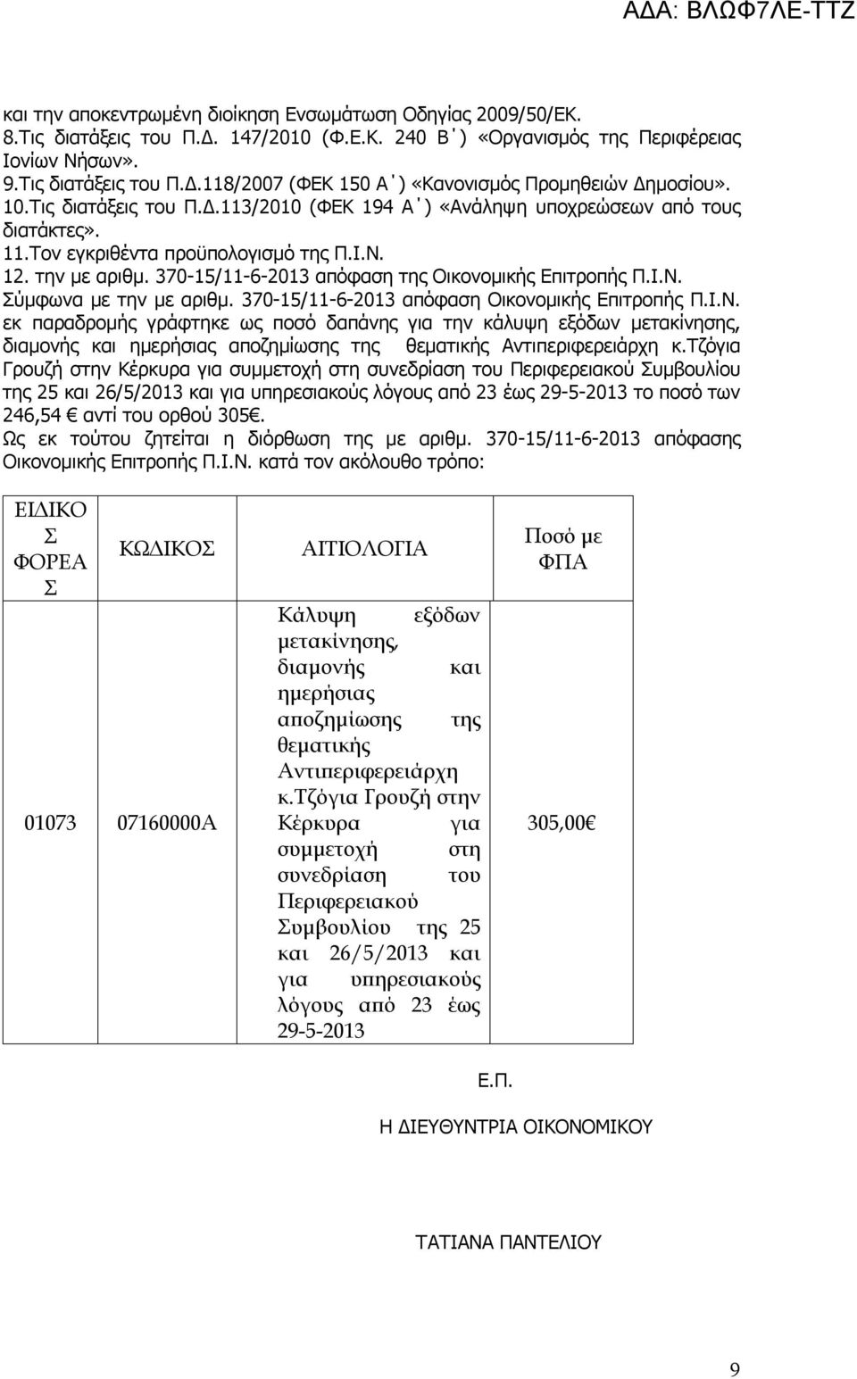 370-15/11-6-2013 απόφαση της Οικονομικής Επιτροπής Π.Ι.Ν.