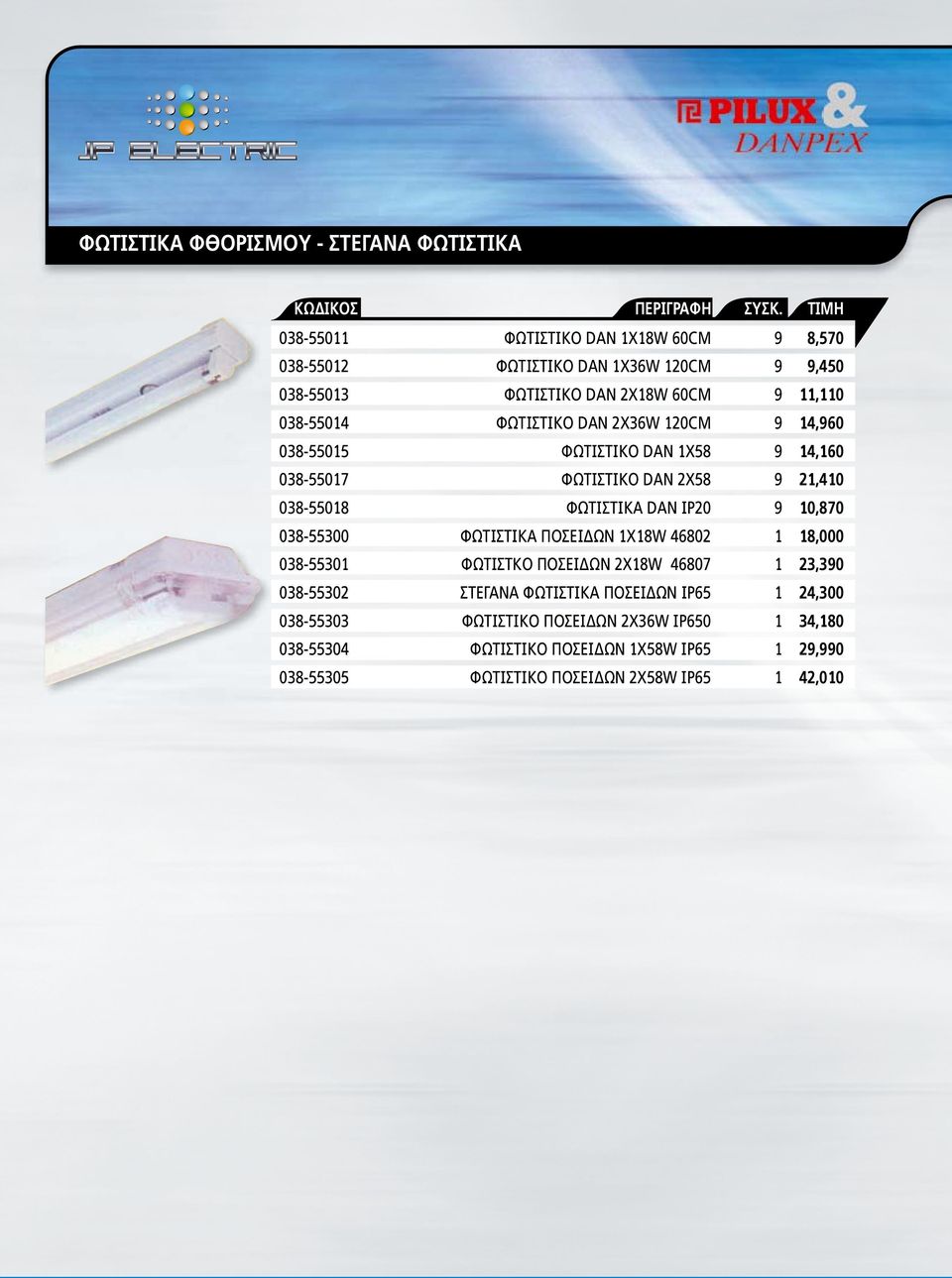 DAN ΙΡ20 9 10,870 038-55300 ΦΩΤΙΣΤΙΚΑ ΠΟΣΕΙ ΩΝ 1X18W 46802 1 18,000 038-55301 ΦΩΤΙΣΤΚΟ ΠΟΣΕΙ ΩΝ 2X18W 46807 1 23,390 038-55302 ΣΤΕΓΑΝΑ ΦΩΤΙΣΤΙΚΑ ΠΟΣΕΙ ΩΝ