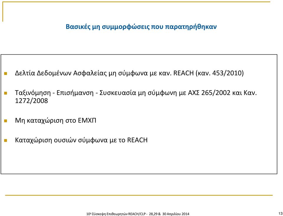 453/2010) Tαξινόμηση - Επισήμανση - Συσκευασία μη σύμφωνη με ΑΧΣ 265/2002 και