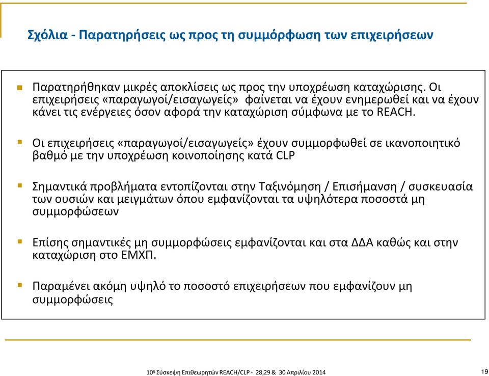 Οι επιχειρήσεις «παραγωγοί/εισαγωγείς» έχουν συμμορφωθεί σε ικανοποιητικό βαθμό με την υποχρέωση κοινοποίησης κατά CLP Σημαντικά προβλήματα εντοπίζονται στην Ταξινόμηση / Επισήμανση / συσκευασία