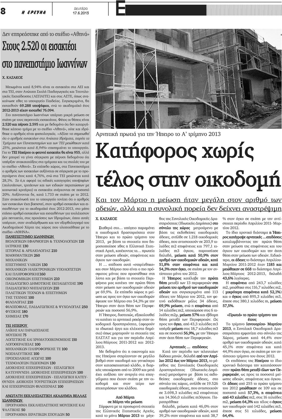 Συγκεκριμένα, θα εισαχθούν 69.288 υποψήφιοι, ενώ το ακαδημαϊκό έτος 2012-2013 είχαν εισαχθεί 76.094. Στο πανεπιστήμιο Ιωαννίνων υπάρχει μικρή μείωση σε σχέση με τους περσινούς εισακτέους.