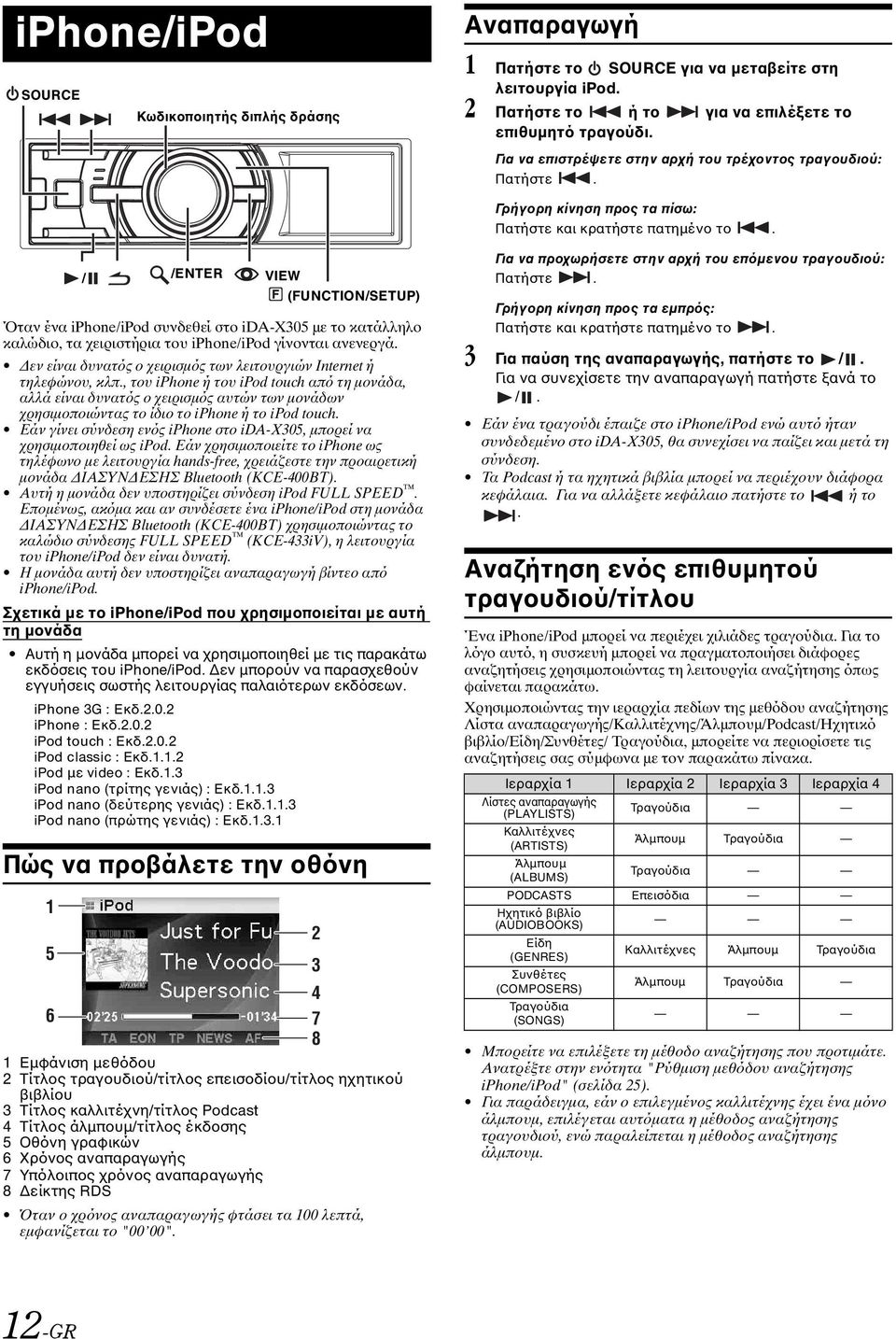 / /ENTER VIEW (FUNCTION/SETUP) Όταν ένα iphone/ipod συνδεθεί στο ida-x305 με το κατάλληλο καλώδιο, τα χειριστήρια του iphone/ipod γίνονται ανενεργά.