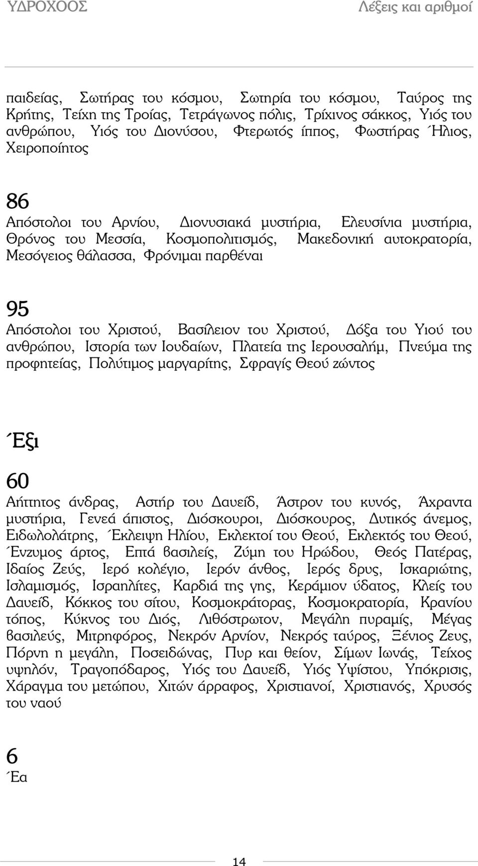 Χριστού, Βασίλειον του Χριστού, όξα του Υιού του ανθρώπου, Ιστορία των Ιουδαίων, Πλατεία της Ιερουσαλήµ, Πνεύµα της προφητείας, Πολύτιµος µαργαρίτης, Σφραγίς Θεού ζώντος Έξι 60 Αήττητος άνδρας, Αστήρ