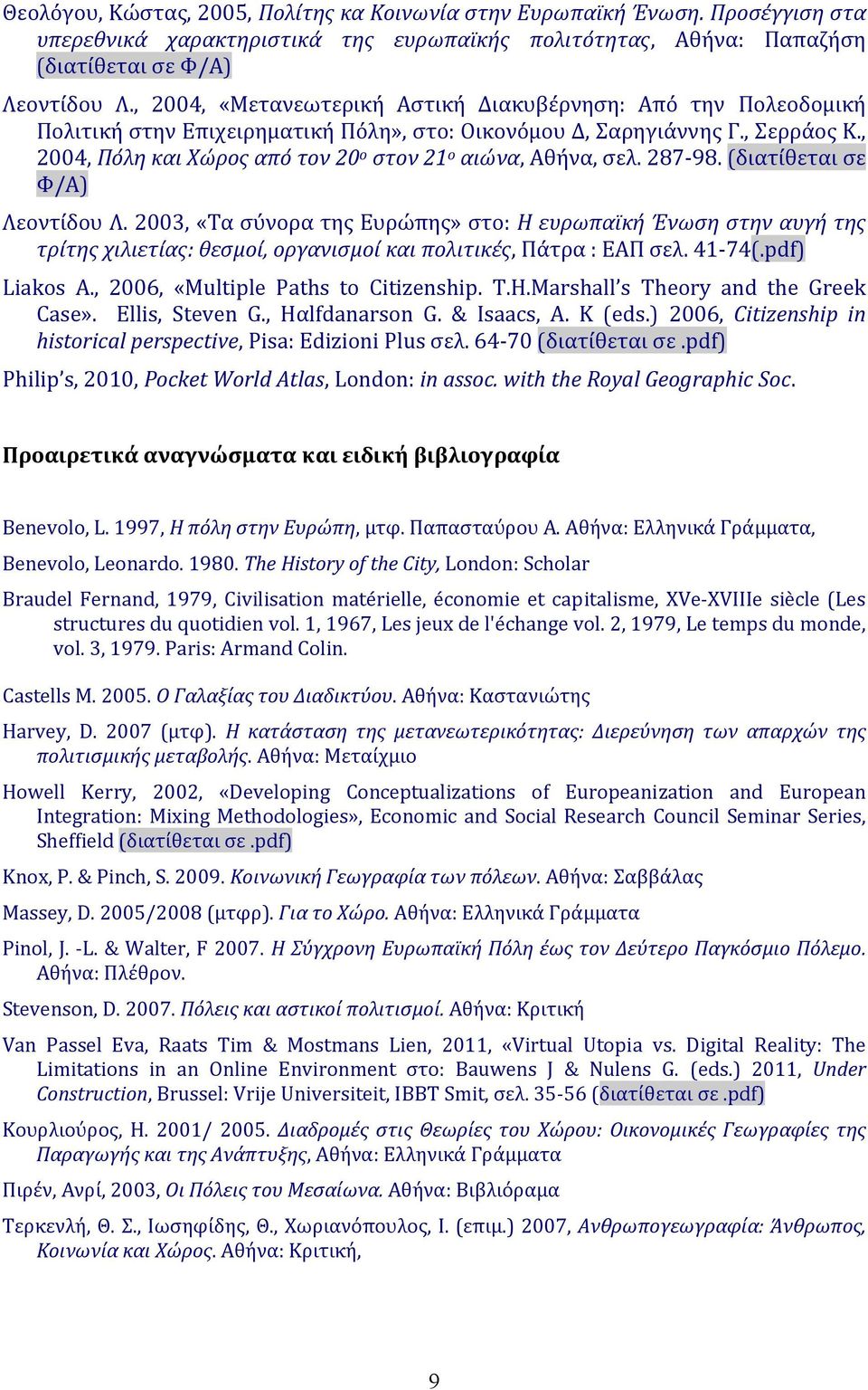 , 2004, Πόλη και Χώρος από τον 20 ο στον 21 ο αιώνα, Αθήνα, σελ. 287 98. (διατίθεται σε Φ/Α) Λεοντίδου Λ.