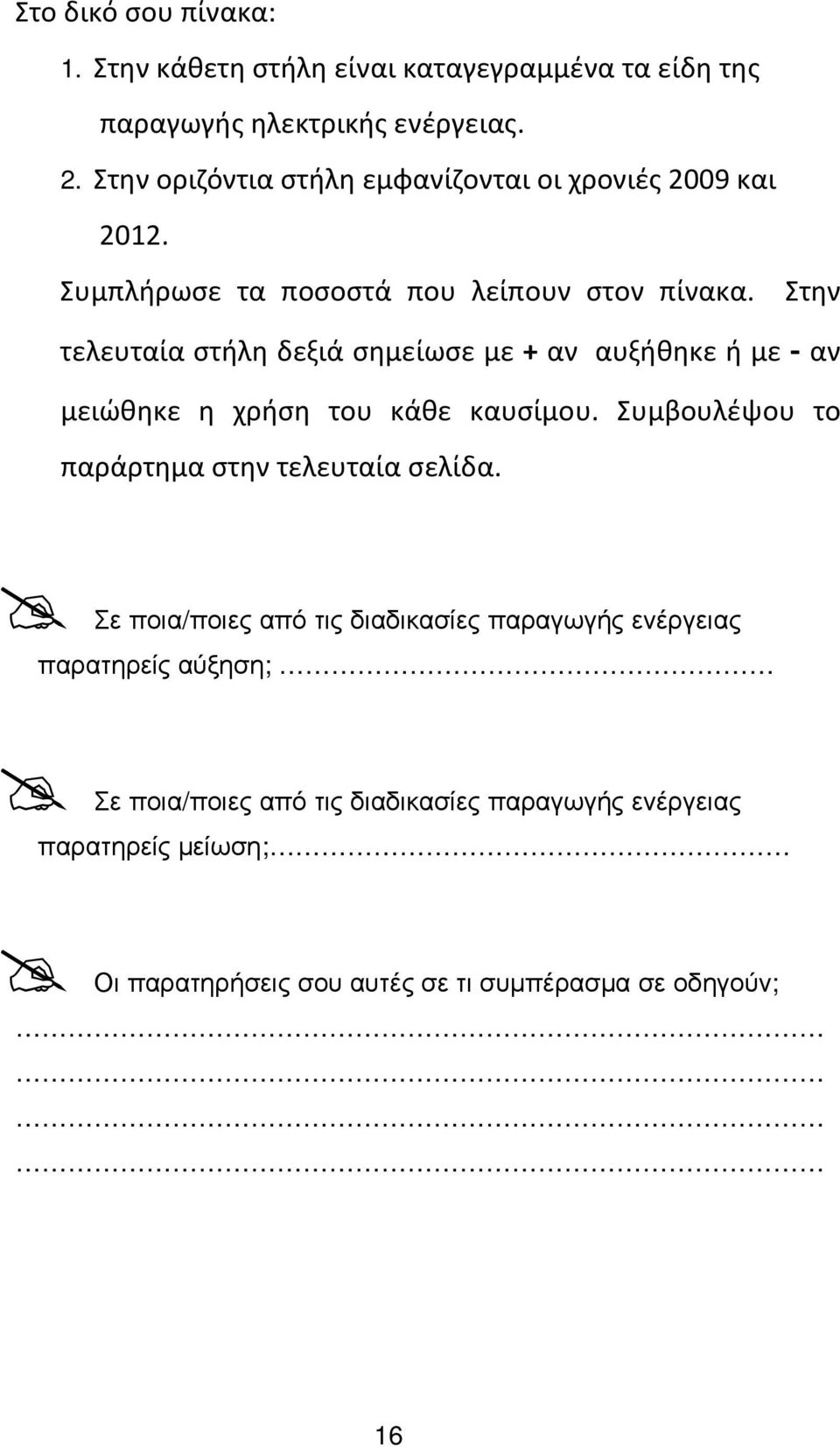 Στην τελευταία στήλη δεξιά σημείωσε με + αν αυξήθηκε ή με - αν μειώθηκε η χρήση του κάθε καυσίμου.