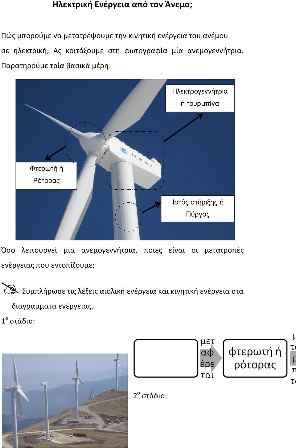 Παρατηρούμε τρία βασικά μέρη: Ηλεκτρογεννήτρια ή τουρµπίνα Φτερωτή ή Ρότορας Ιστός στήριξης ή Πύργος Όσο λειτουργεί