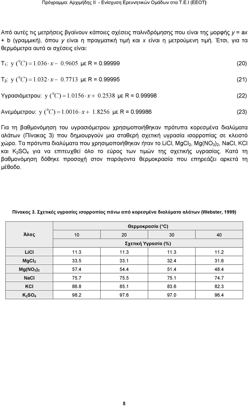 2538 με R = 0.99998 (22) 0 Ανεμόμετρου: y ( C) = 1.0016 x+ 1.8256 με R = 0.