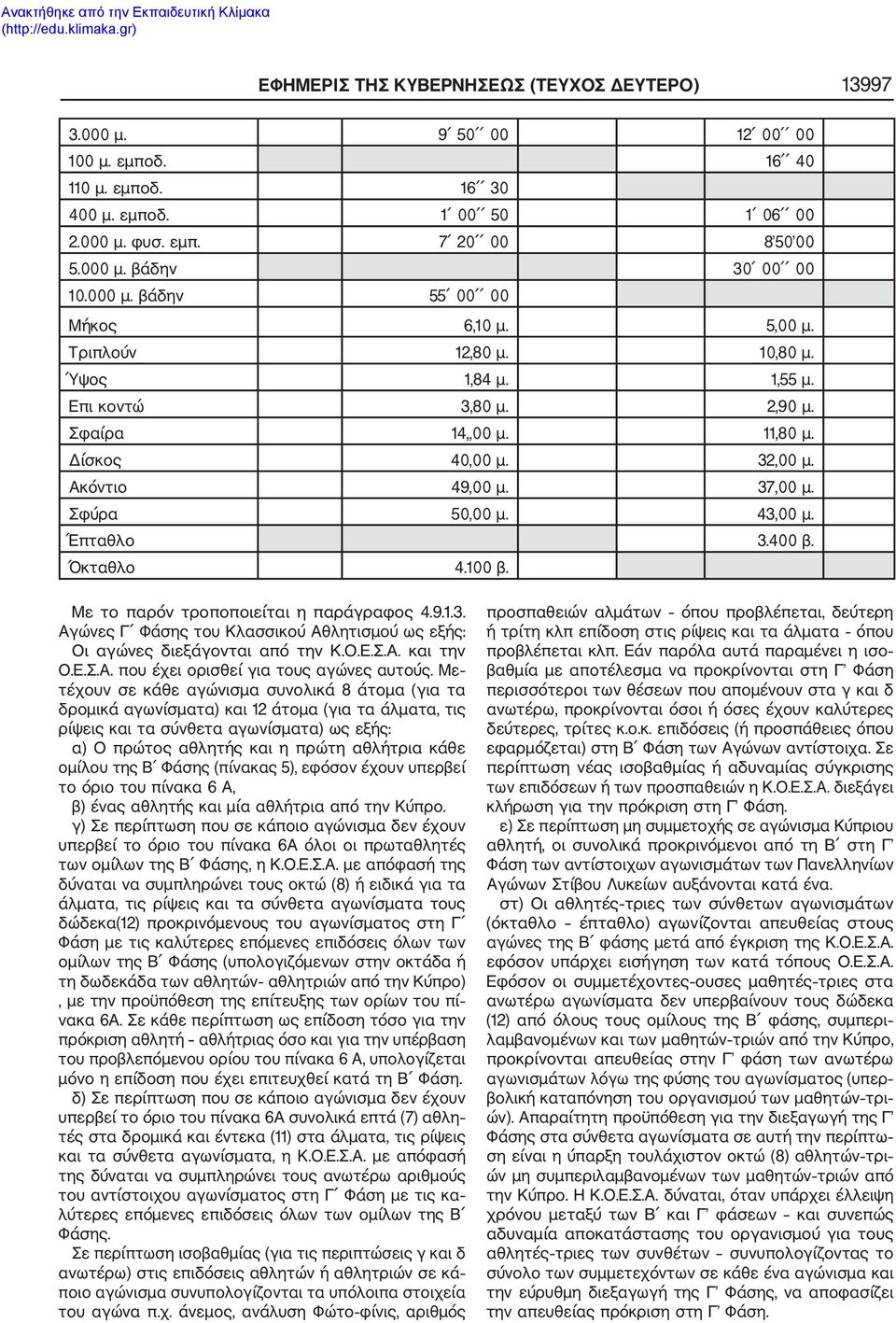 Σφύρα 50,00 μ. 43,00 μ. Έπταθλο 3.400 β. Όκταθλο 4.100 β. Με το παρόν τροποποιείται η παράγραφος 4.9.1.3. Αγώνες Γ Φάσης του Κλασσικού Αθλητισμού ως εξής: Οι αγώνες διεξάγονται από την Κ.Ο.Ε.Σ.Α. και την Ο.