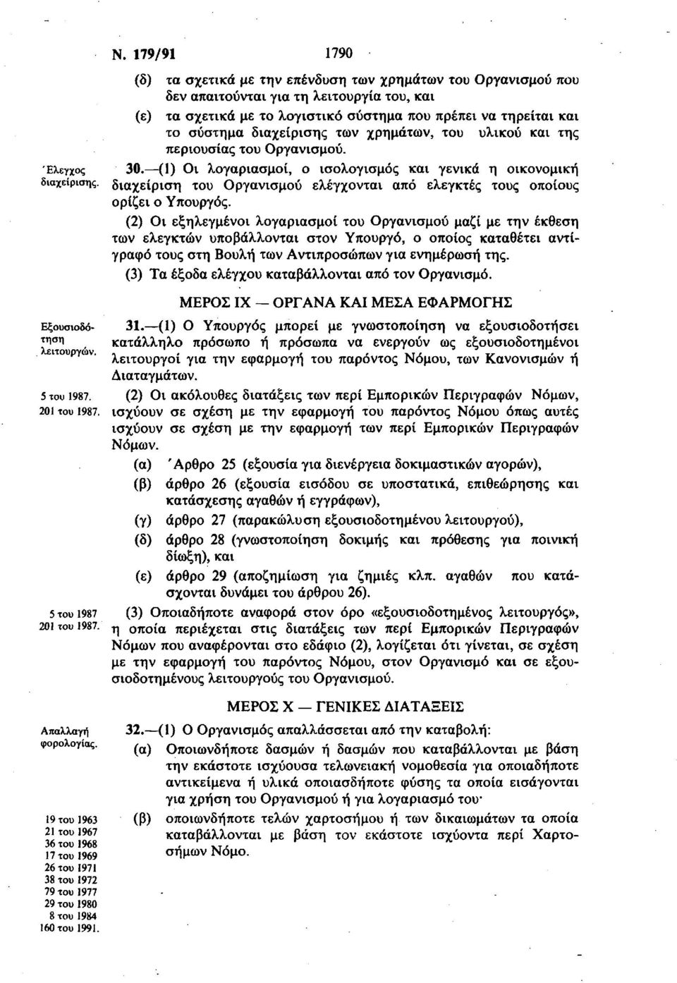 179/91 1790 (δ) τα σχετικά με την επένδυση των χρημάτων του Οργανισμού που δεν απαιτούνται για τη λειτουργία του, και (ε) τα σχετικά με το λογιστικό σύστημα που πρέπει να τηρείται και το σύστημα