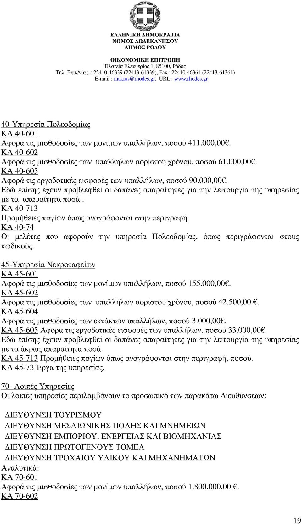 ΚΑ 40-74 Οι µελέτες που αφορούν την υπηρεσία Πολεοδοµίας, όπως περιγράφονται στους κωδικούς. 45-Υπηρεσία Νεκροταφείων ΚΑ 45-601 Αφορά τις µισθοδοσίες των µονίµων υπαλλήλων, ποσού 155.000,00.