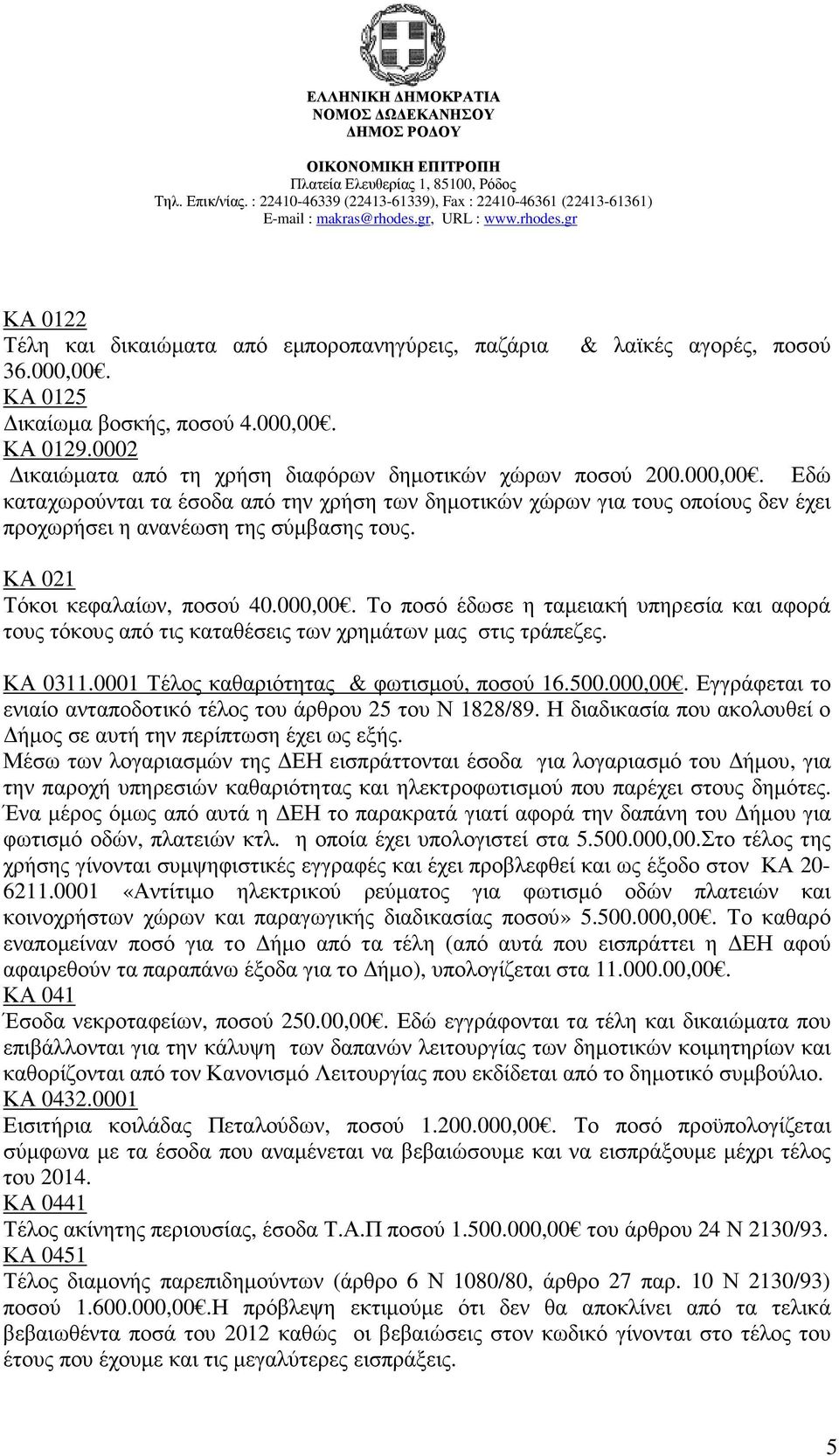 ΚΑ 021 Τόκοι κεφαλαίων, ποσού 40.000,00. Το ποσό έδωσε η ταµειακή υπηρεσία και αφορά τους τόκους από τις καταθέσεις των χρηµάτων µας στις τράπεζες. ΚΑ 0311.