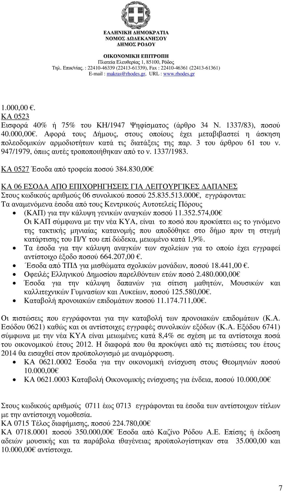 830,00 ΚΑ 06 ΕΣΟ Α ΑΠΟ ΕΠΙΧΟΡΗΓΗΣΕΙΣ ΓΙΑ ΛΕΙΤΟΥΡΓΙΚΕΣ ΑΠΑΝΕΣ Στους κωδικούς αριθµούς 06 συνολικού ποσού 25.835.513.