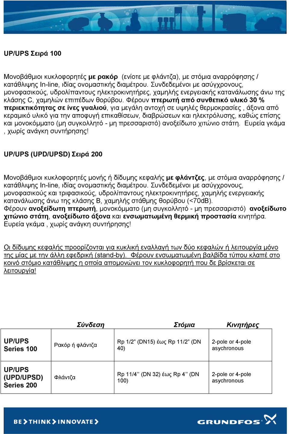 Φέρουν πτερωτή από συνθετικό υλικό 30 % περιεκτικότητας σε ίνες γυαλιού, για μεγάλη αντοχή σε υψηλές θερμοκρασίες, άξονα από κεραμικό υλικό για την αποφυγή επικαθίσεων, διαβρώσεων και ηλεκτρόλυσης,