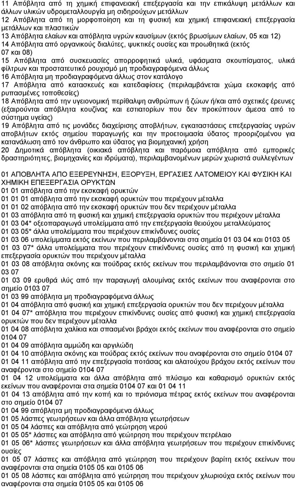 (εκτός 07 και 08) 15 Απόβλητα από συσκευασίες απορροφητικά υλικά, υφάσµατα σκουπίσµατος, υλικά φίλτρων και προστατευτικό ρουχισµό µη προδιαγραφόµενα άλλως 16 Απόβλητα µη προδιαγραφόµενα άλλως στον