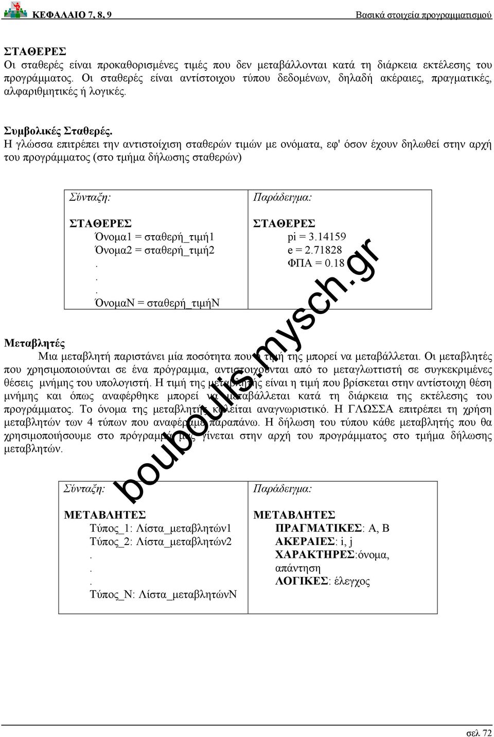 Όνομα1 = σταθερή_τιμή1 Όνομα2 = σταθερή_τιμή2 ΌνομαΝ = σταθερή_τιμήν ΣΤΑΘΕΡΕΣ pi = 314159 e = 271828 ΦΠΑ = 018 Μεταβλητές Μια μεταβλητή παριστάνει μία ποσότητα που η τιμή της μπορεί να μεταβάλλεται