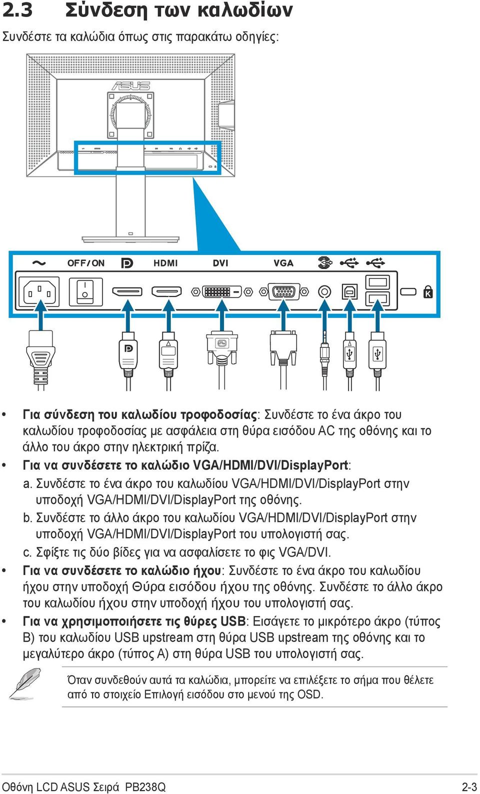 Συνδέστε το ένα άκρο του καλωδίου VGA/HDMI/DVI/DisplayPort στην υποδοχή VGA/HDMI/DVI/DisplayPort της οθόνης. b.