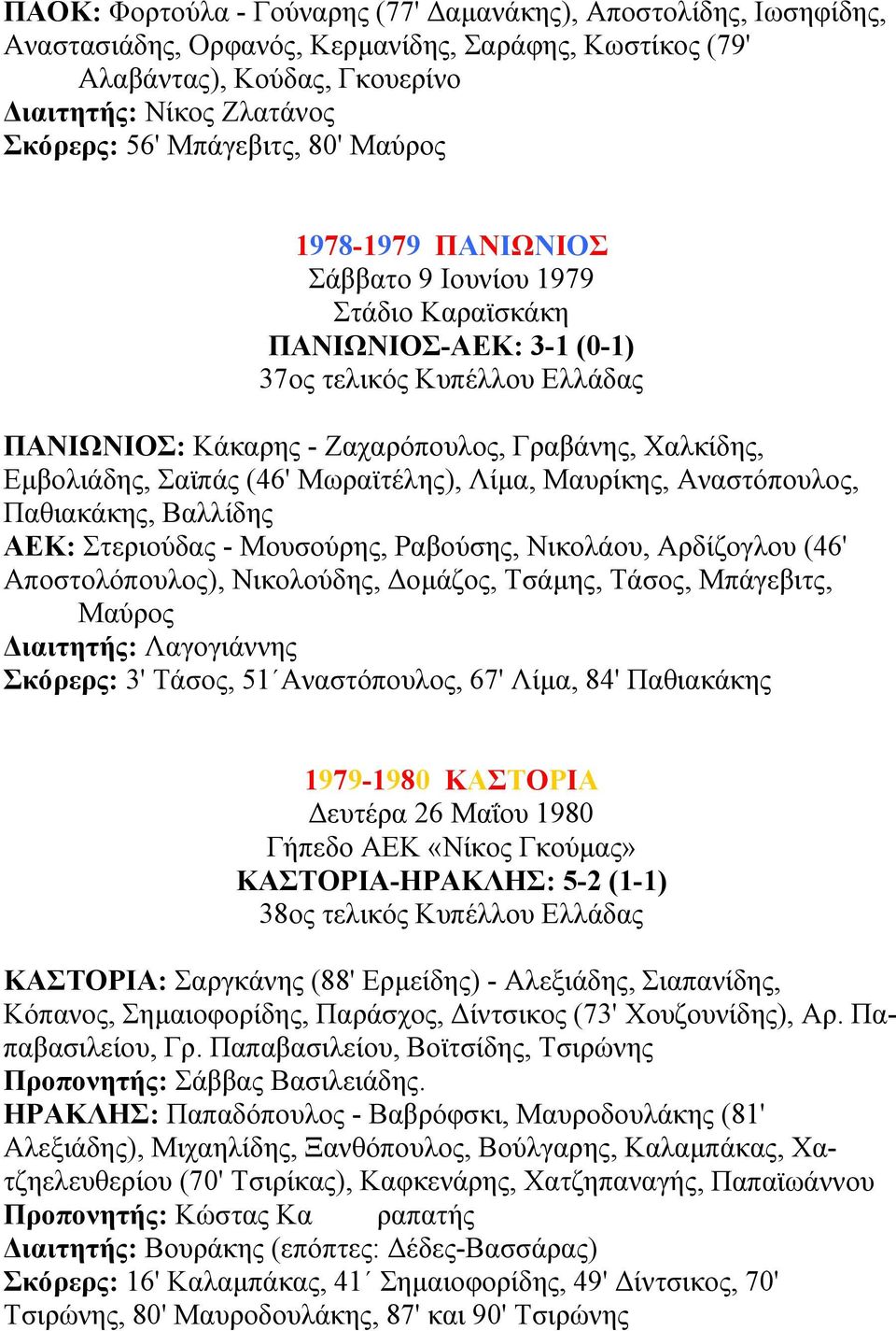 Μωραϊτέλης), Λίµα, Μαυρίκης, Αναστόπουλος, Παθιακάκης, Βαλλίδης ΑΕΚ: Στεριούδας - Μουσούρης, Ραβούσης, Νικολάου, Αρδίζογλου (46' Αποστολόπουλος), Νικολούδης, οµάζος, Τσάµης, Τάσος, Μπάγεβιτς, Μαύρος