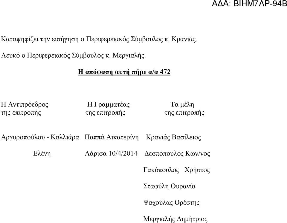 Η απόφαση αυτή πήρε α/α 472 Η Αντιπρόεδρος Η Γραμματέας Τα μέλη της επιτροπής της επιτροπής της