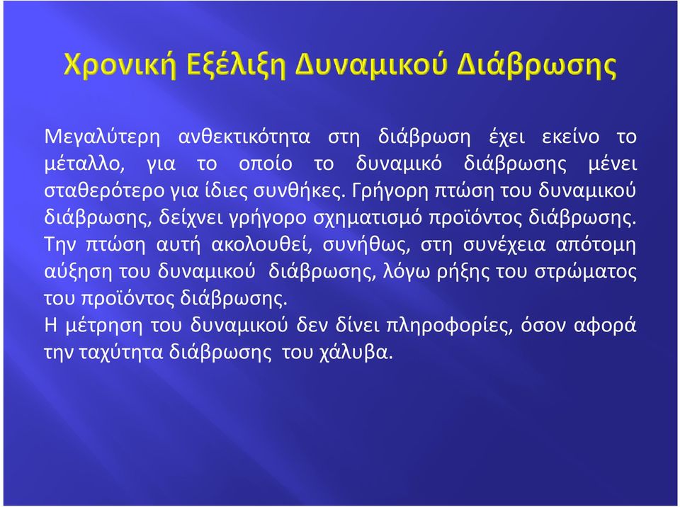 Γρήγορη πτώση του δυναμικού διάβρωσης, δείχνει γρήγορο σχηματισμό προϊόντος διάβρωσης.