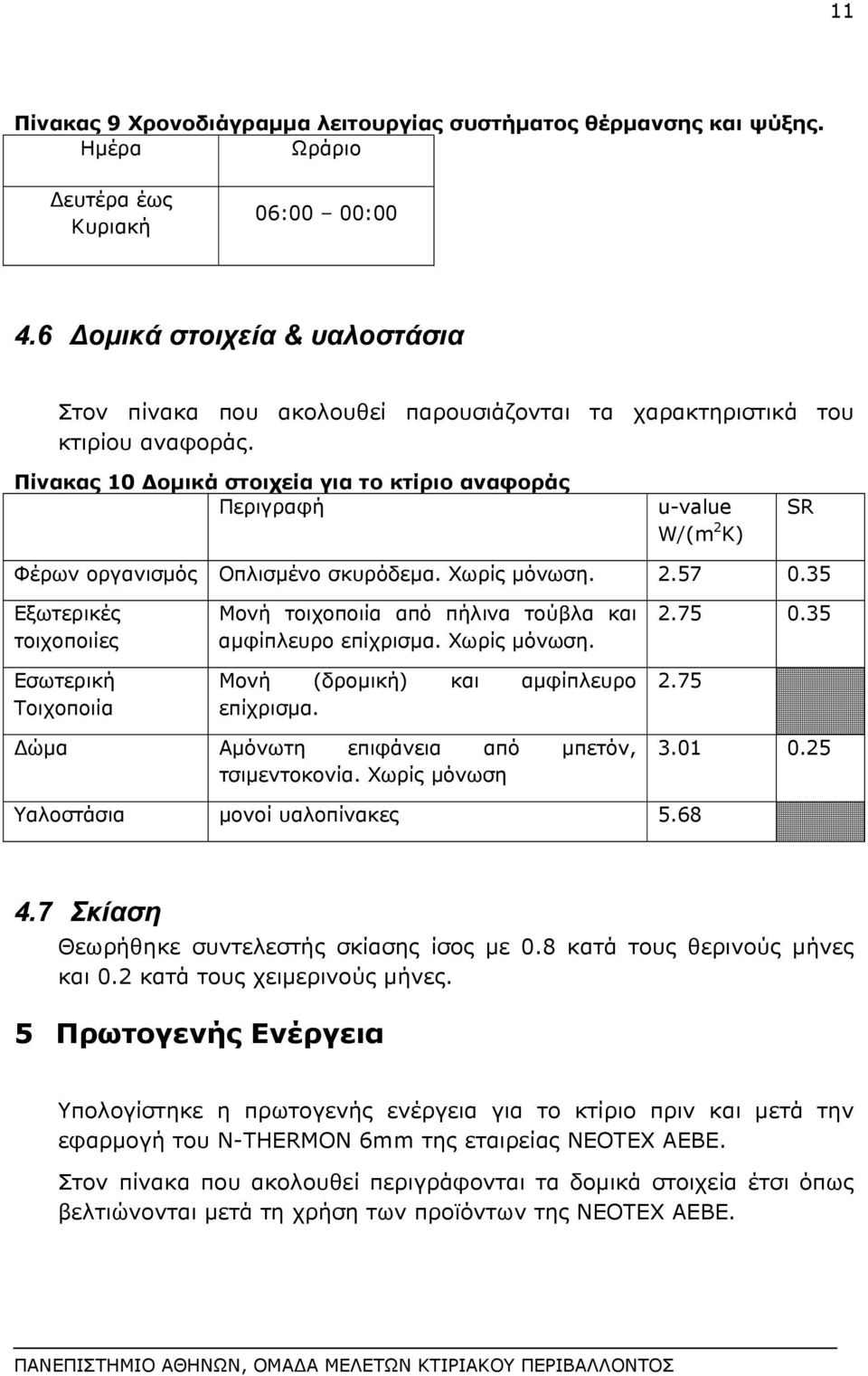 Πίνακας 10 ομικά στοιχεία για το κτίριο αναφοράς Περιγραφή u-value W/(m 2 K) SR Φέρων οργανισμός Οπλισμένο σκυρόδεμα. Χωρίς μόνωση. 2.57 0.