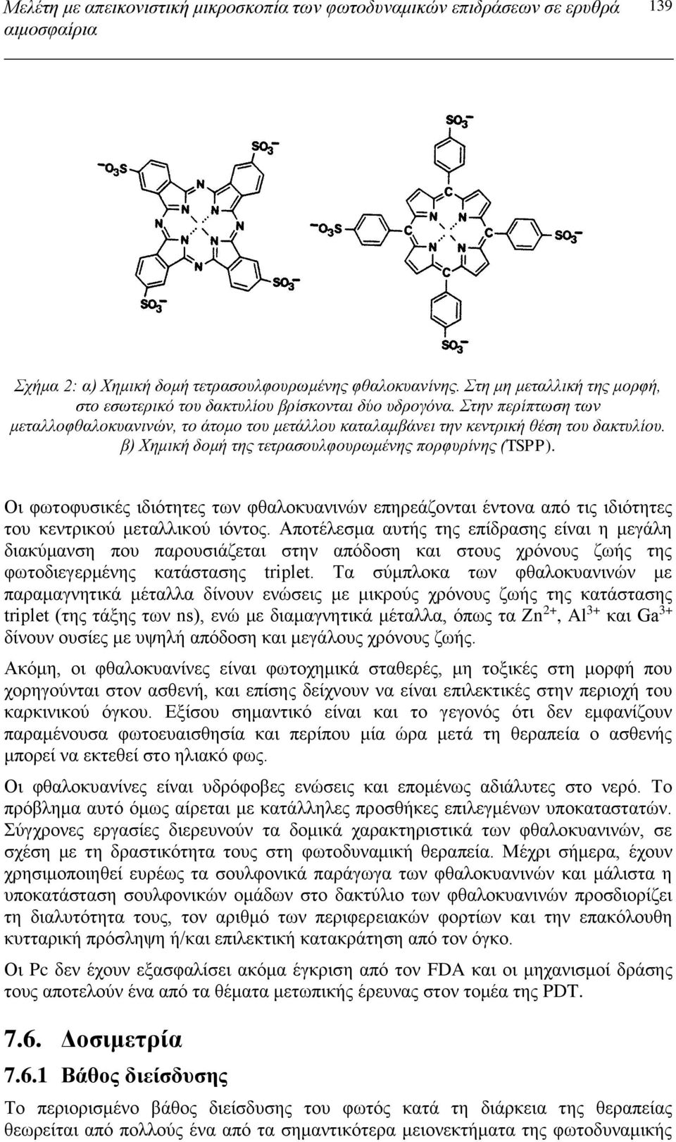 β) Χημική δομή της τετρασουλφουρωμένης πορφυρίνης (TSPP). Οι φωτοφυσικές ιδιότητες των φθαλοκυανινών επηρεάζονται έντονα από τις ιδιότητες του κεντρικού μεταλλικού ιόντος.