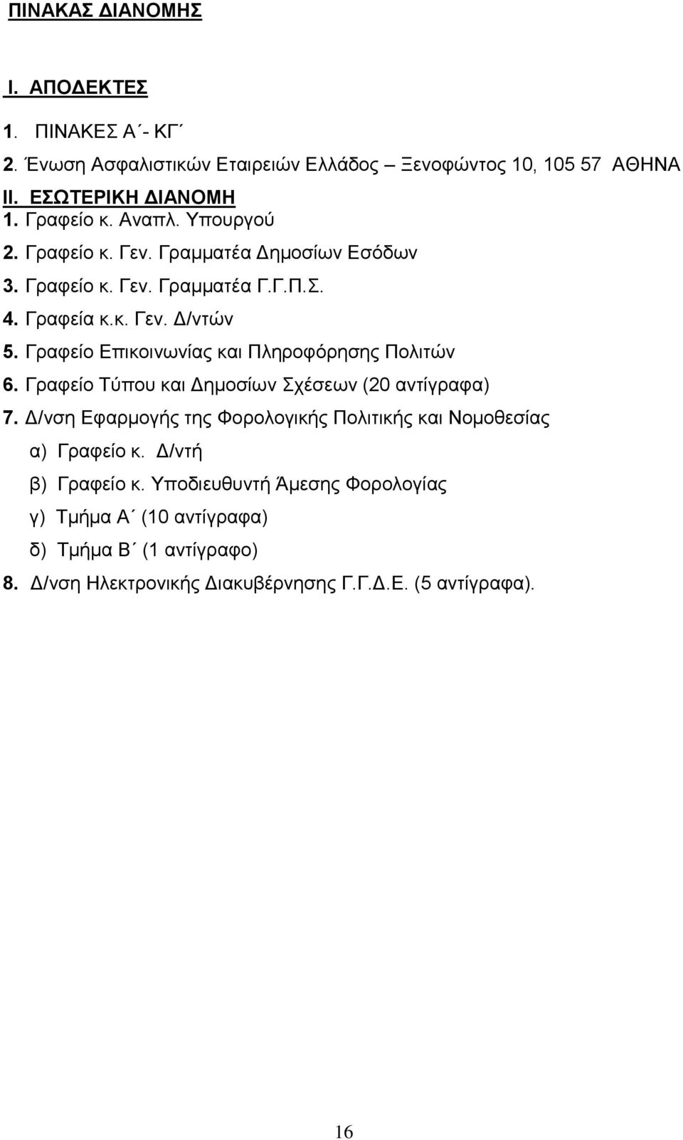 Γραφείο Επικοινωνίας και Πληροφόρησης Πολιτών 6. Γραφείο Τύπου και Δημοσίων Σχέσεων (20 αντίγραφα) 7.