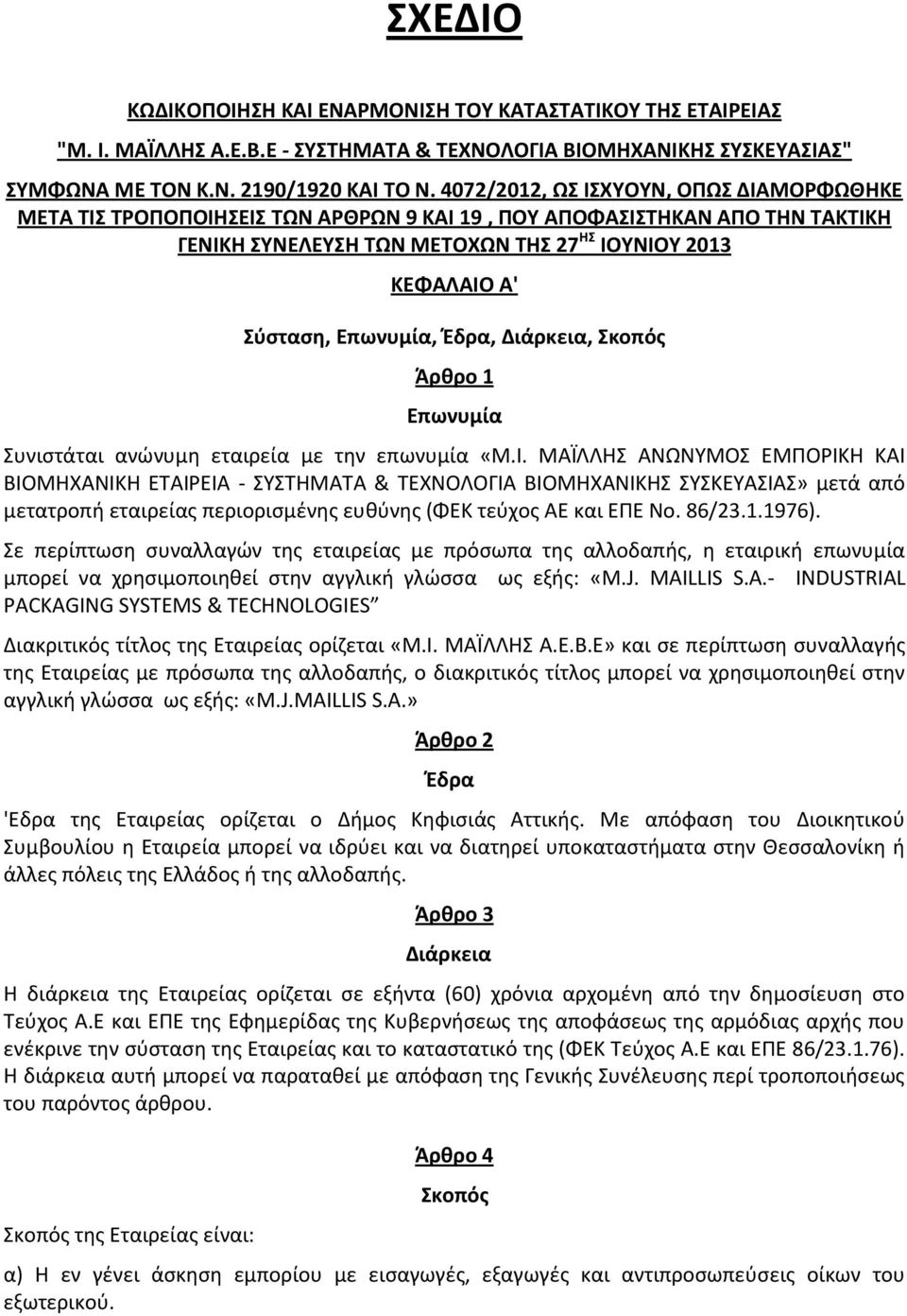 Επωνυμία, Έδρα, Διάρκεια, Σκοπός Άρθρο 1 Επωνυμία Συνιστάται ανώνυμη εταιρεία με την επωνυμία «Μ.Ι.