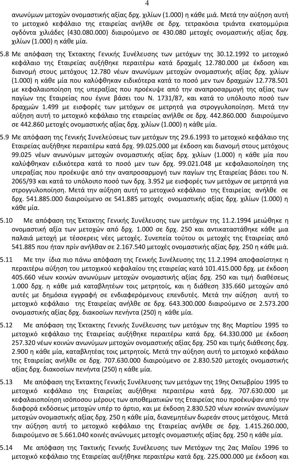 1992 το μετοχικό κεφάλαιο της Εταιρείας αυξήθηκε περαιτέρω κατά δραχμές 12.780.000 με έκδοση και διανομή στους μετόχους 12.780 νέων ανωνύμων μετοχών ονομαστικής αξίας δρχ. χιλίων (1.