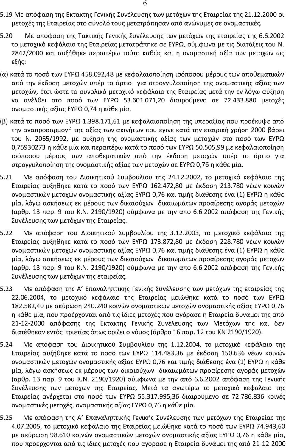 2842/2000 και αυξήθηκε περαιτέρω τούτο καθώς και η ονομαστική αξία των μετοχών ως εξής: (α) κατά το ποσό των ΕΥΡΩ 458.