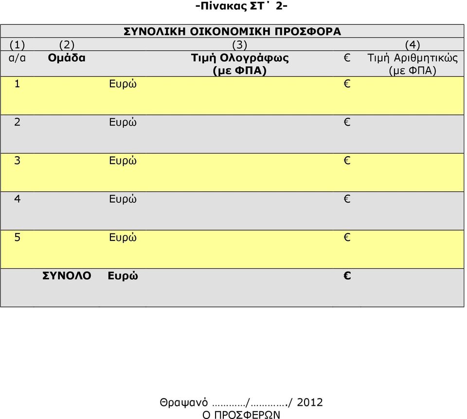 Τιµή Αριθµητικώς (µε ΦΠΑ) 1 Ευρώ 2 Ευρώ 3 Ευρώ 4