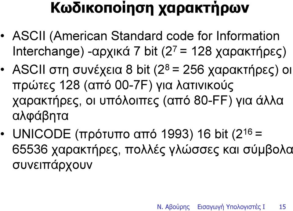 λατινικούς χαρακτήρες, οι υπόλοιπες (από 80-FF) για άλλα αλφάβητα UNICODE (πρότυπο από 1993) 16 bit