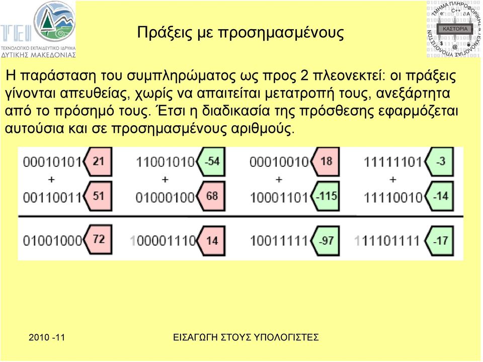 Έτσι η διαδικασία της πρόσθεσης εφαρμόζεται αυτούσια και σε προσημασμένους αριθμούς.