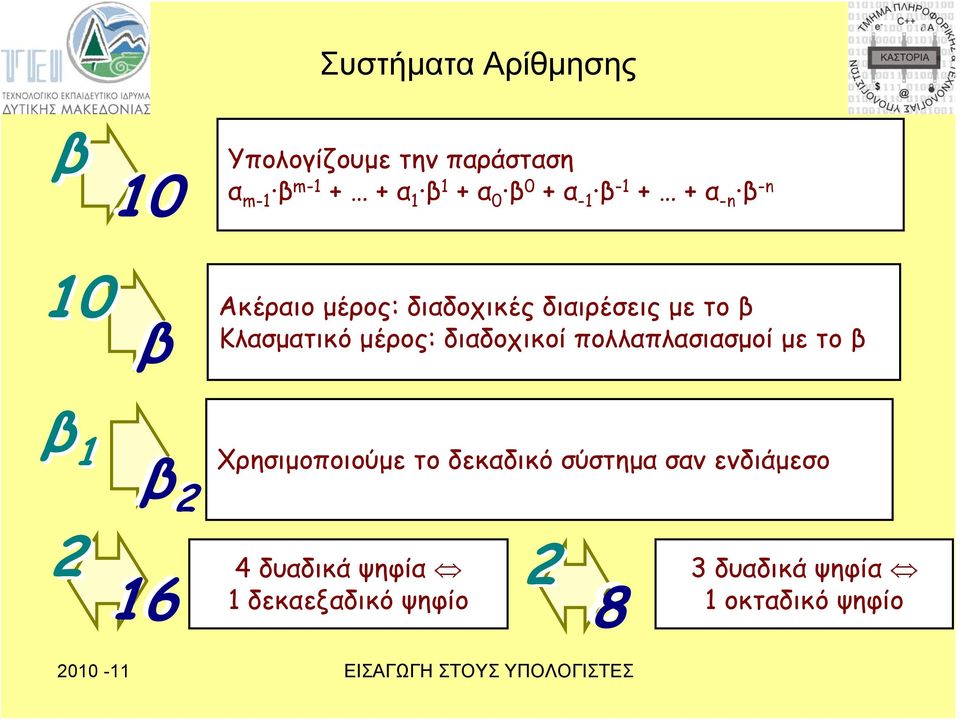 μέρος: διαδοχικοί πολλαπλασιασμοί με το β β 1 β 2 β 2 Χρησιμοποιούμε το δεκαδικό σύστημα