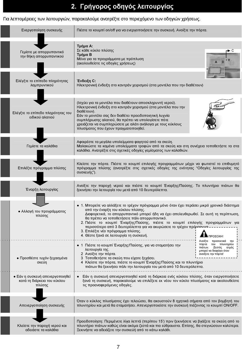 Γεμίστε με απορρυπαντικό την θήκη απορρυπαντικού Τμήμα A: Σε κάθε κύκλο πλύσης Τμήμα B Μόνο για τα προγράμματα με πρόπλυση (ακολουθείστε τις οδηγίες χρήσεως) Ελέγξτε το επίπεδο πληρότητας