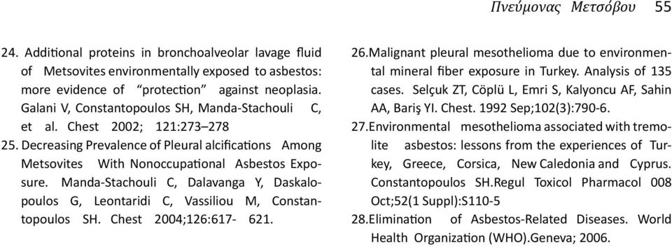 Manda-Stachouli C, Dalavanga Y, Daskalopoulos G, Leontaridi C, Vassiliou M, Constantopoulos SH. Chest 2004;126:617-621. 26.