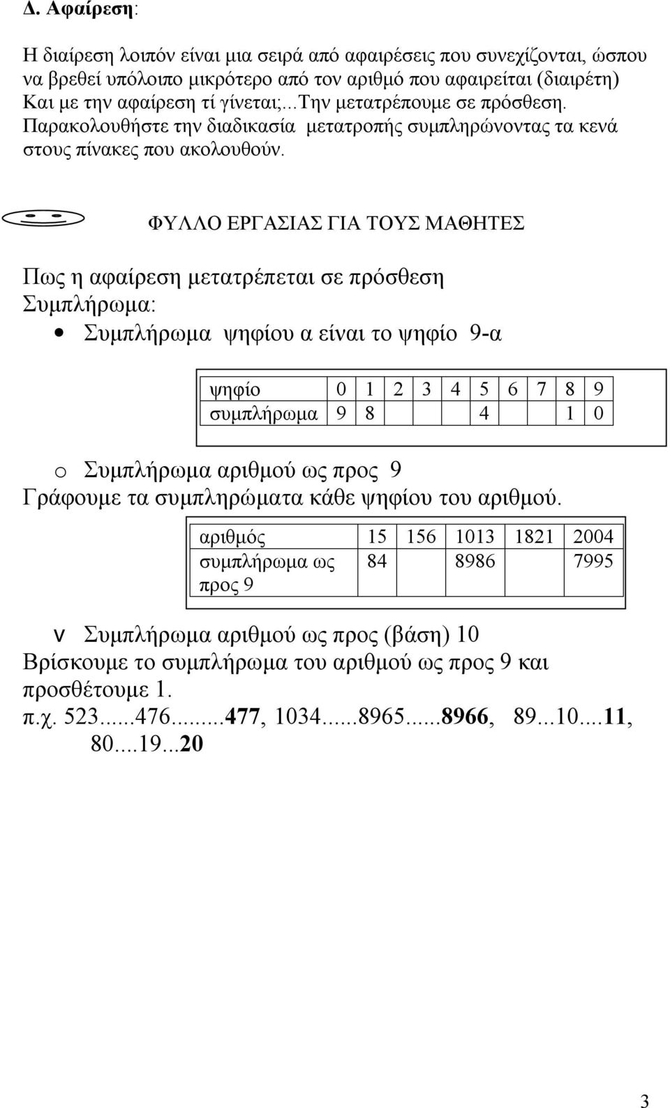 ΦΥΛΛΟ ΕΡΓΑΣΙΑΣ ΓΙΑ ΤΟΥΣ ΜΑΘΗΤΕΣ Πως η αφαίρεση μετατρέπεται σε πρόσθεση Συμπλήρωμα: Συμπλήρωμα ψηφίου α είναι το ψηφίο 9-α ψηφίο 0 1 2 3 4 5 6 7 8 9 συμπλήρωμα 9 8 4 1 0 o Συμπλήρωμα αριθμού ως προς