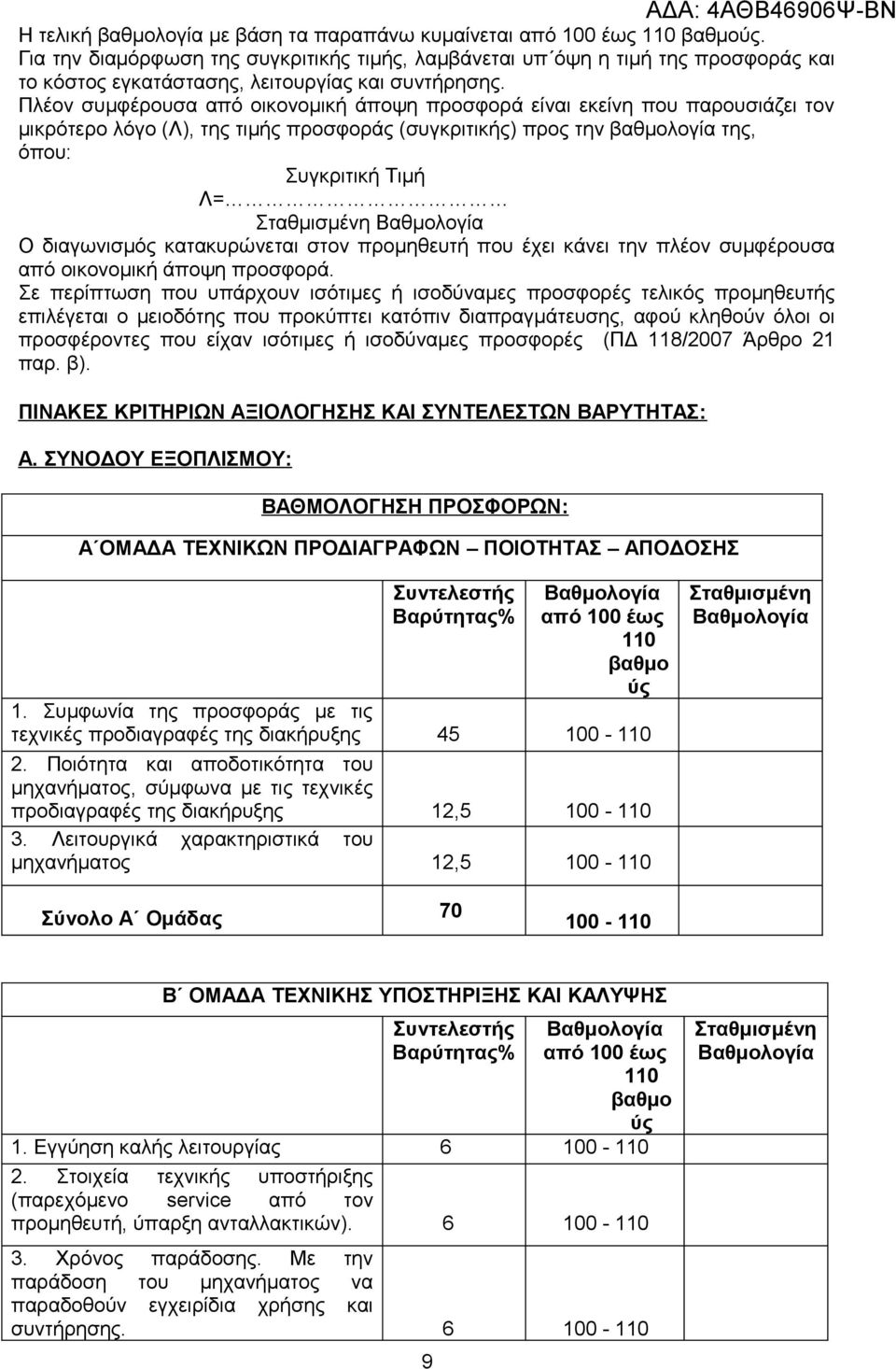 Πλέον συμφέρουσα από οικονομική άποψη προσφορά είναι εκείνη που παρουσιάζει τον μικρότερο λόγο (Λ), της τιμής προσφοράς (συγκριτικής) προς την βαθμολογία της, όπου: Συγκριτική Τιμή Λ= Σταθμισμένη