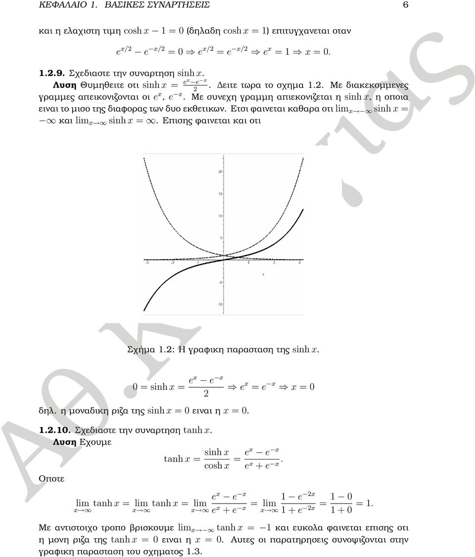 Με συνεχη γραµµη απιεκονιζεται η sinh x, η οποια ειναι το µισο της διαφορας των δυο εκθετικων. Ετσι ϕαινεται καθαρα οτι lim x sinh x = και lim x sinh x =. Επισης ϕαινεται και οτι Σχήµα.
