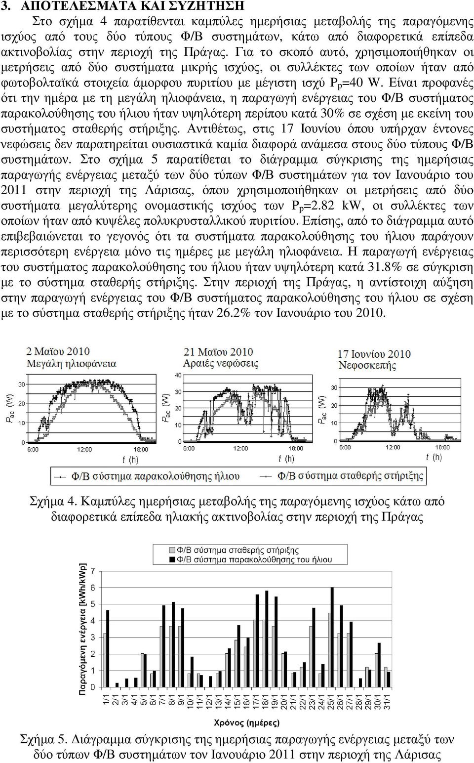 Είναι προφανές ότι την ηµέρα µε τη µεγάλη ηλιοφάνεια, η παραγωγή ενέργειας του Φ/Β συστήµατος παρακολούθησης του ήλιου ήταν υψηλότερη περίπου κατά 30% σε σχέση µε εκείνη του συστήµατος σταθερής