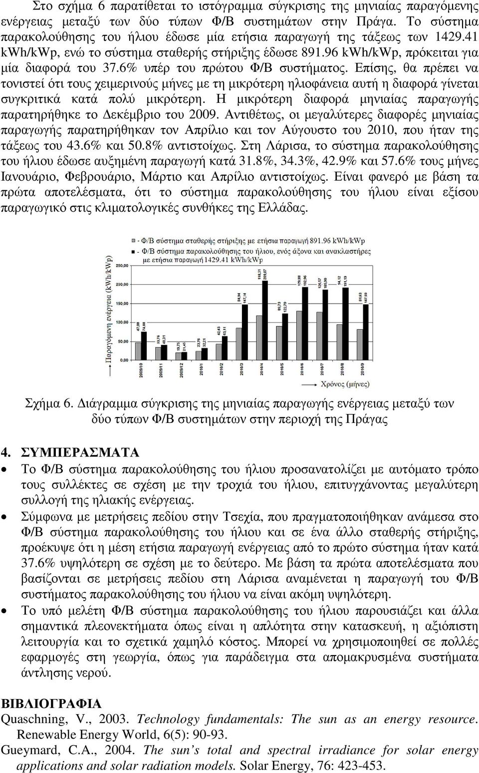 6% υπέρ του πρώτου Φ/Β συστήµατος. Επίσης, θα πρέπει να τονιστεί ότι τους χειµερινούς µήνες µε τη µικρότερη ηλιοφάνεια αυτή η διαφορά γίνεται συγκριτικά κατά πολύ µικρότερη.