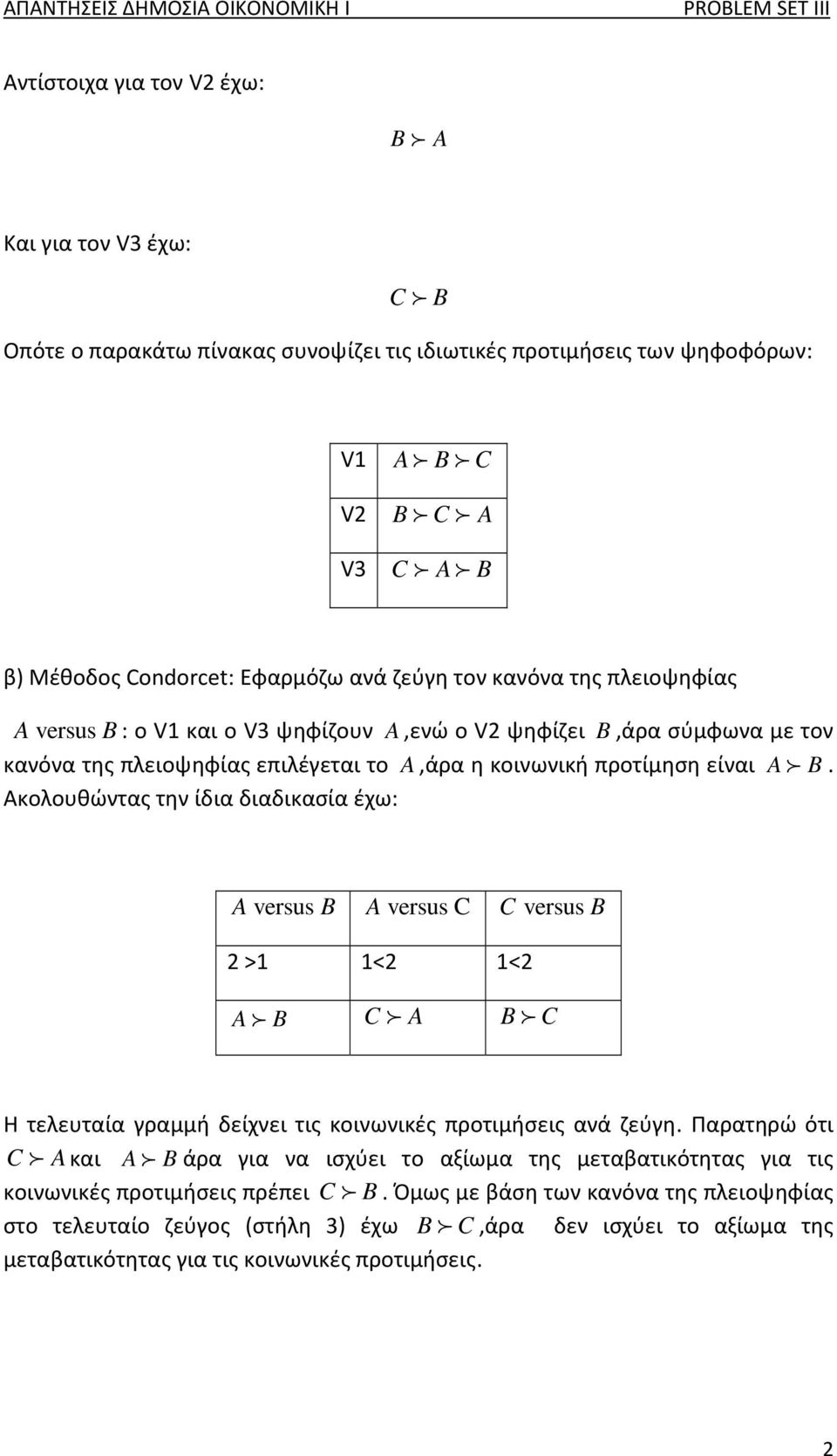 Ακoλουθώντας την ίδια διαδικασία έχω: A versus B A versus C C versus B > < < A B C A B C Η τελευταία γραμμή δείχνει τις κοινωνικές προτιμήσεις ανά ζεύγη.