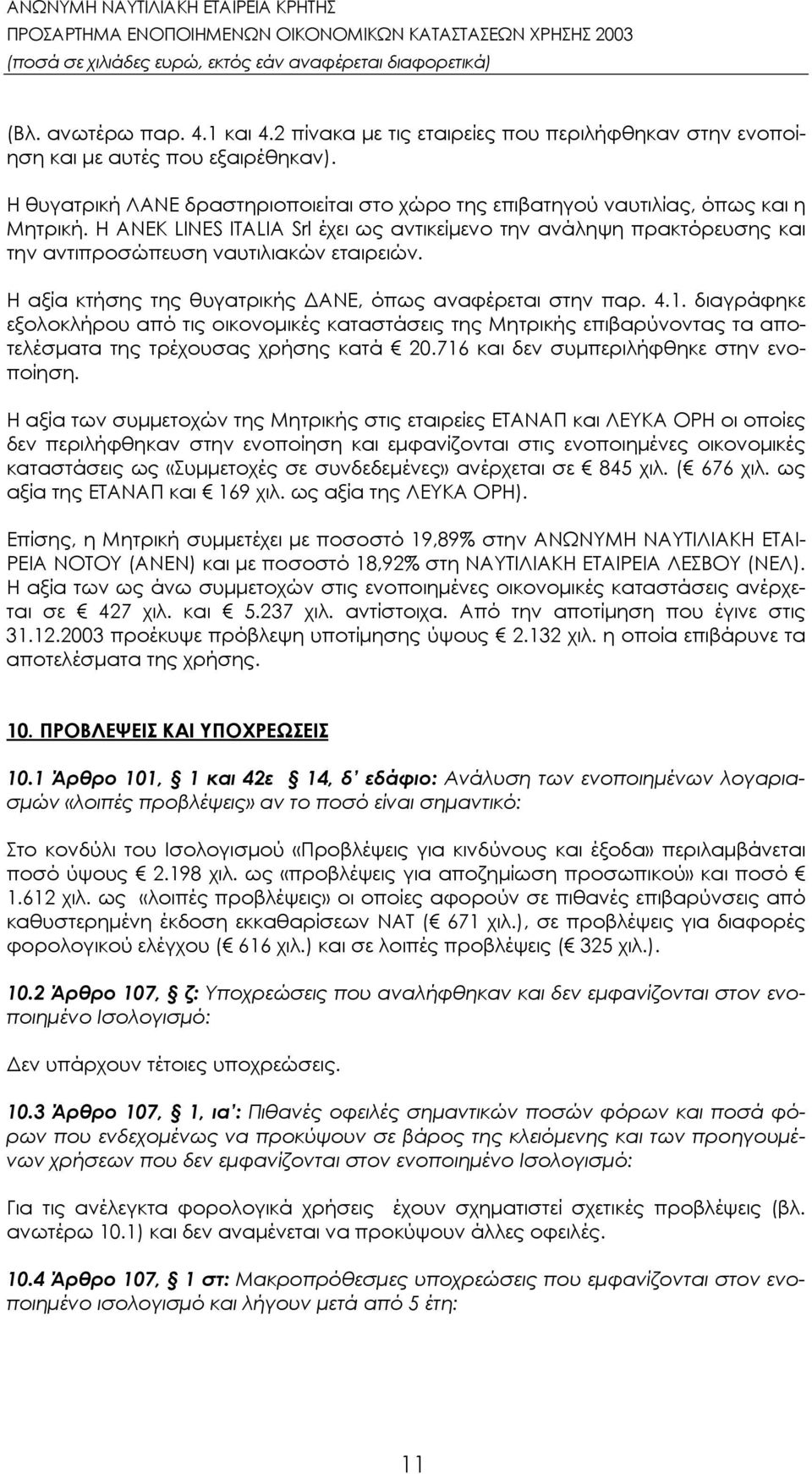 Η ΑΝΕΚ LINES ITALIA Srl έχει ως αντικείμενο την ανάληψη πρακτόρευσης και την αντιπροσώπευση ναυτιλιακών εταιρειών. Η αξία κτήσης της θυγατρικής ΔΑΝΕ, όπως αναφέρεται στην παρ. 4.1.