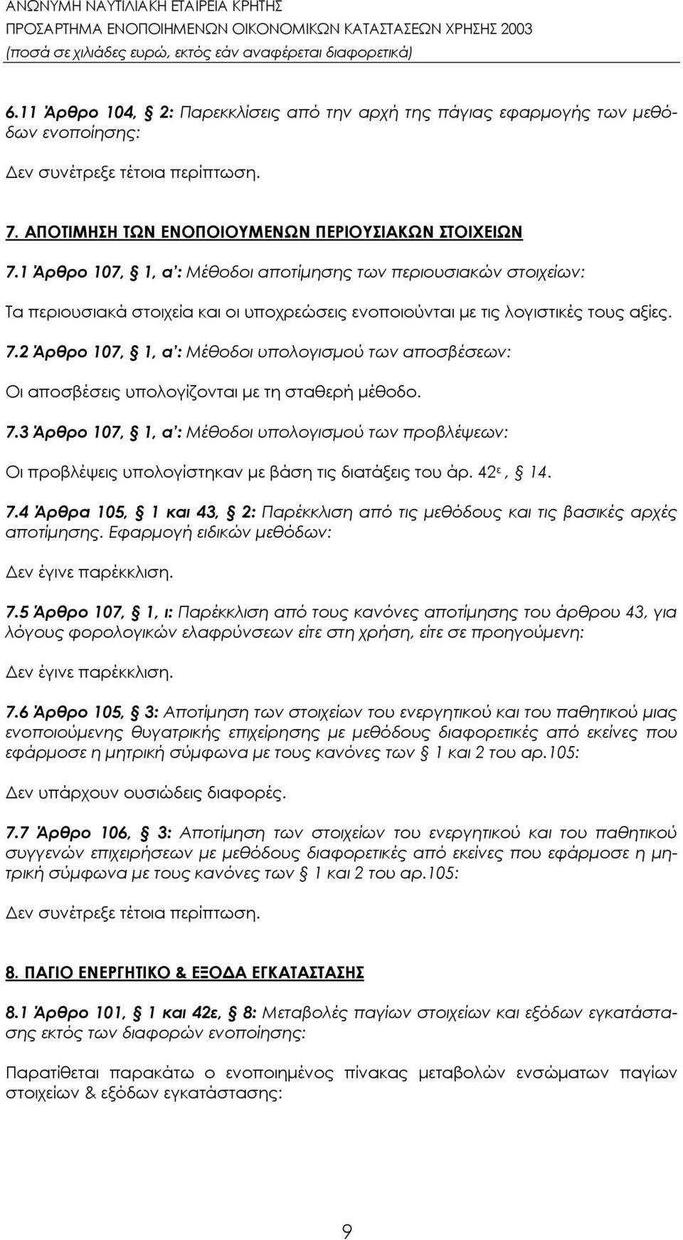 1 Άρθρο 107, 1, α : Μέθοδοι αποτίμησης των περιουσιακών στοιχείων: Τα περιουσιακά στοιχεία και οι υποχρεώσεις ενοποιούνται με τις λογιστικές τους αξίες. 7.