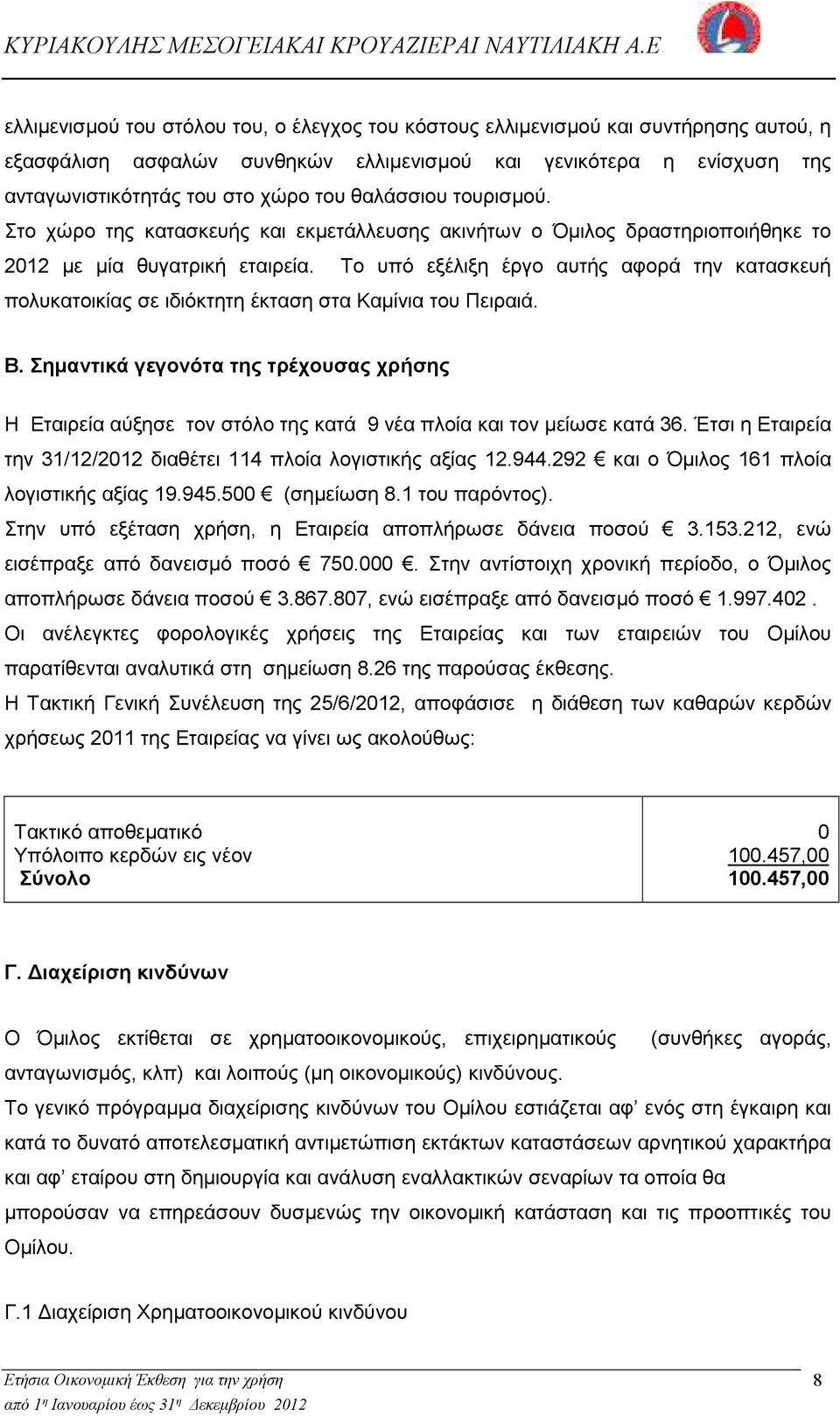 Tο υπό εξέλιξη έργο αυτής αφορά την κατασκευή πολυκατοικίας σε ιδιόκτητη έκταση στα Καµίνια του Πειραιά. B.