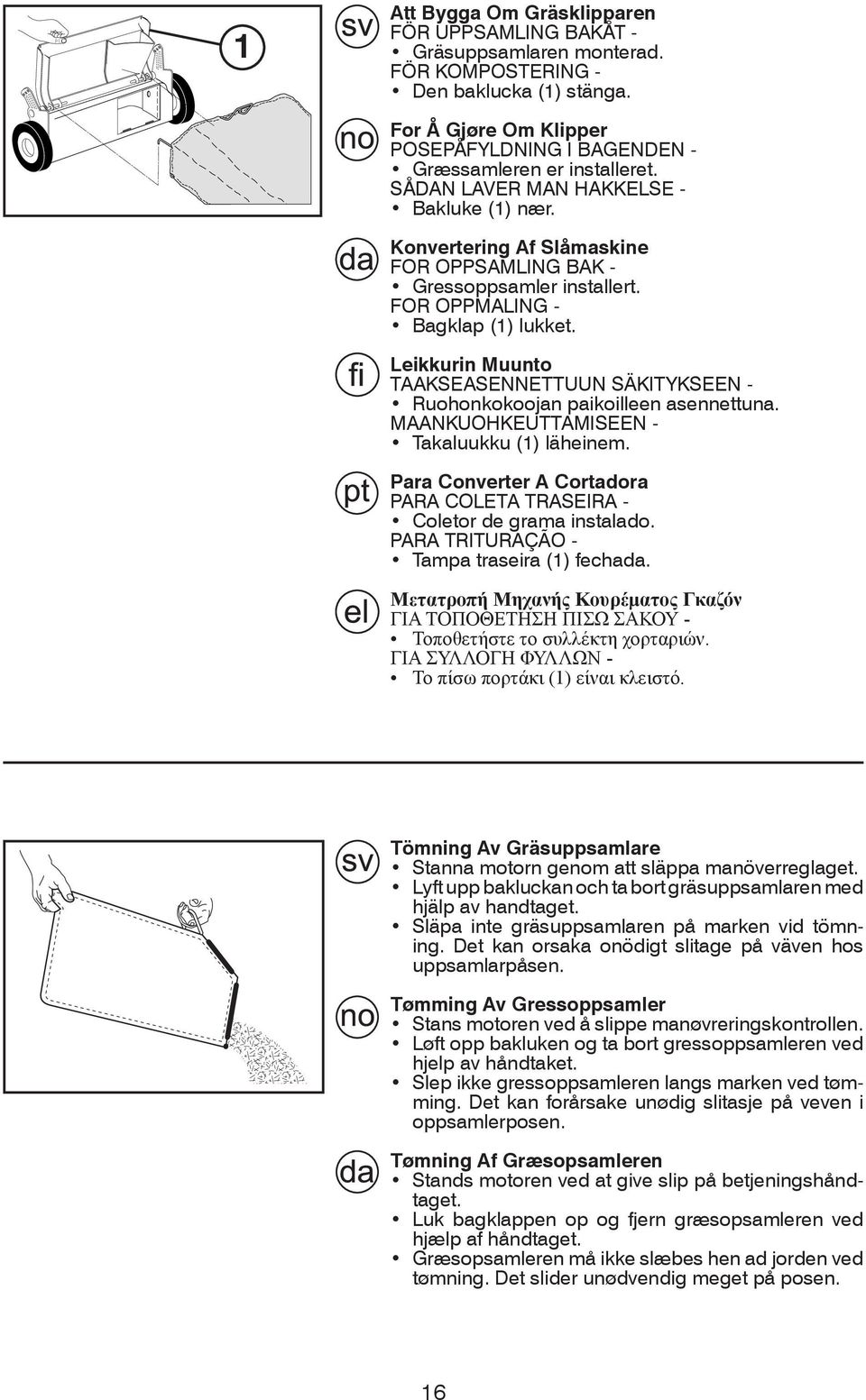 FOR OPPMALING - Bagklap (1) lukket. Leikkurin Muunto TAAKSEASENNETTUUN SÄKITYKSEEN - Ruohonkokoojan paikoilleen asennettuna. MAANKUOHKEUTTAMISEEN - Takaluukku (1) läheinem.