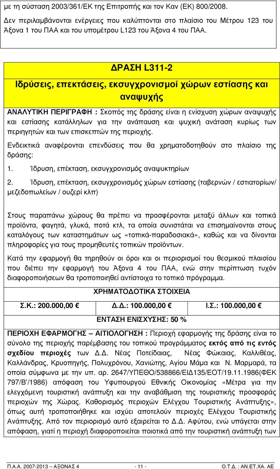 ΔΡΑΣH L311-2 Ιδρύσεις, επεκτάσεις, εκσυγχρονισμοί χώρων εστίασης και αναψυχής ΑΝΑΛΥΤΙΚΗ ΠΕΡΙΓΡΑΦΗ : Σκοπός της δράσης είναι η ενίσχυση χώρων αναψυχής και εστίασης κατάλληλων για την ανάπαυση και