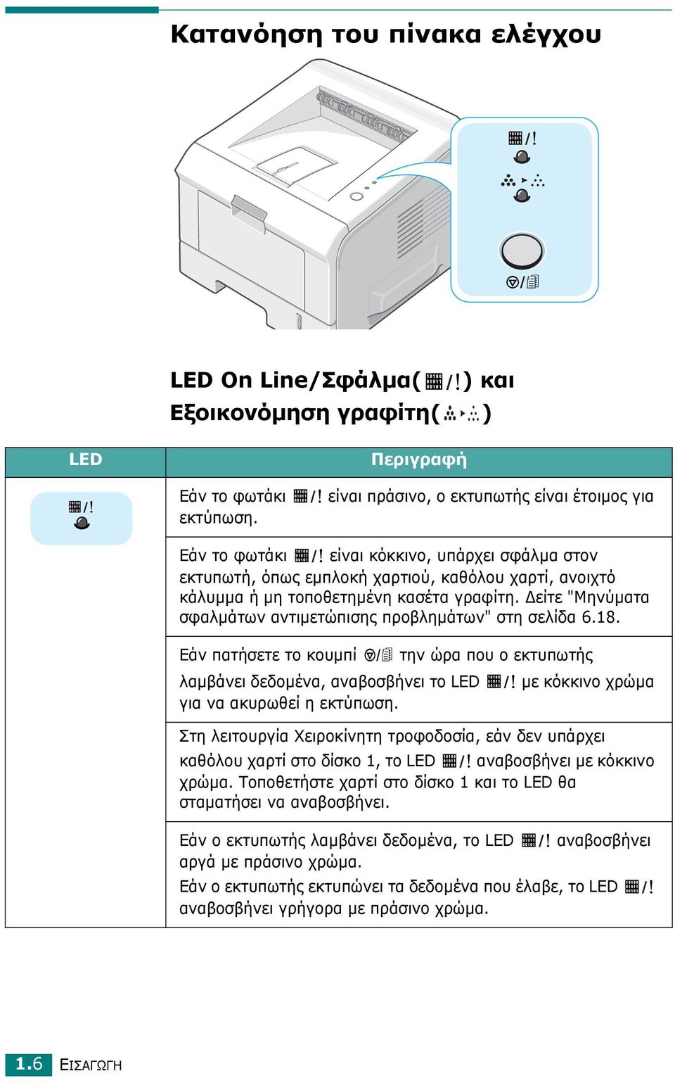 είτε "Μηνύµατα σφαλµάτων αντιµετώπισης προβληµάτων" στη σελίδα 6.18. Εάν πατήσετε το κουµπί την ώρα που ο εκτυπωτής λαµβάνει δεδοµένα, αναβοσβήνει το LED µε κόκκινο χρώµα για να ακυρωθεί η εκτύπωση.