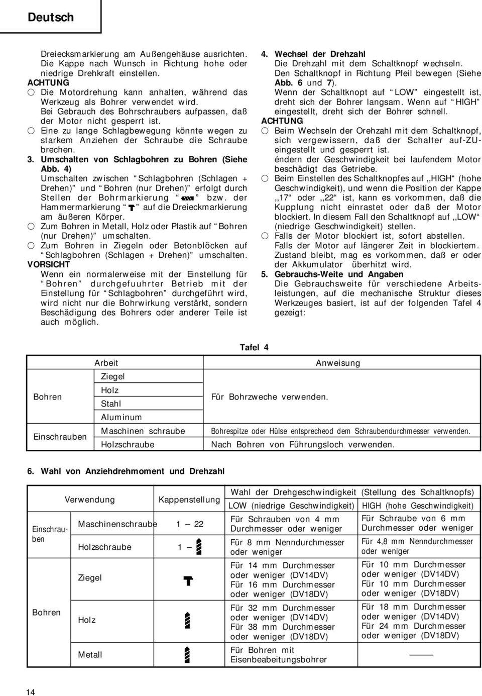 Eine zu lange Schlagbewegung könnte wegen zu starkem Anziehen der Schraube die Schraube brechen. 3. Umschalten von Schlagbohren zu Bohren (Siehe Abb.